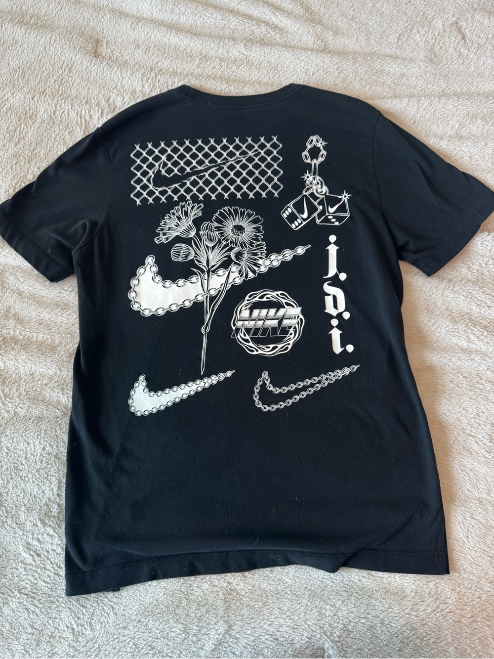 Nike Black Tee JNCO collab White Graphic Swooshes and Floral Motif
